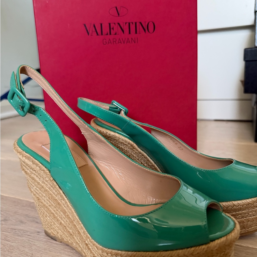 Valentino Garavani Teal/Aqua Patent Espadrille Wedge Slingbacks